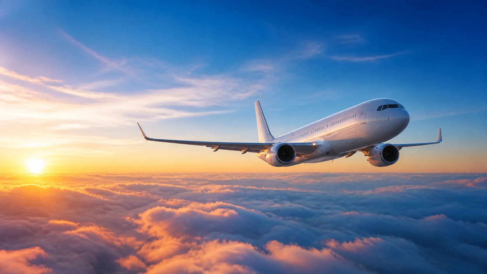 Passenger aircraft flying above clouds at sunrise